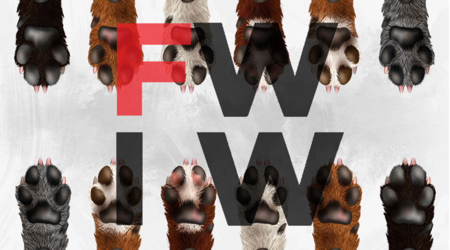 image with rows of dog paws along the top and bottom with the fur what its worth logo in the middle